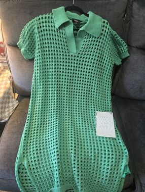 Dressed In LALA Green Crochet Knit Polo Dress
